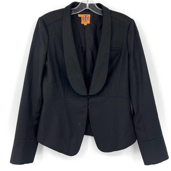 Tory Burch Womens 4 Black Shawl Collar Blazer Jacket Hook Eye Closure Workwear - Picture 1 of 9